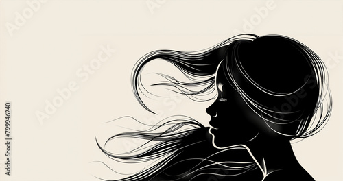 A woman with long hair is shown with her hair blowing in the wind. The image is black and white and has a moody, dramatic feel to it. featuring a black silhouette of a woman's head and shoulders