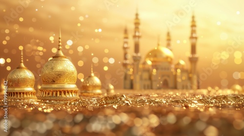 Golden mosque domes with intricate carvings against a shimmering background, conveying an atmosphere of peace and spirituality.