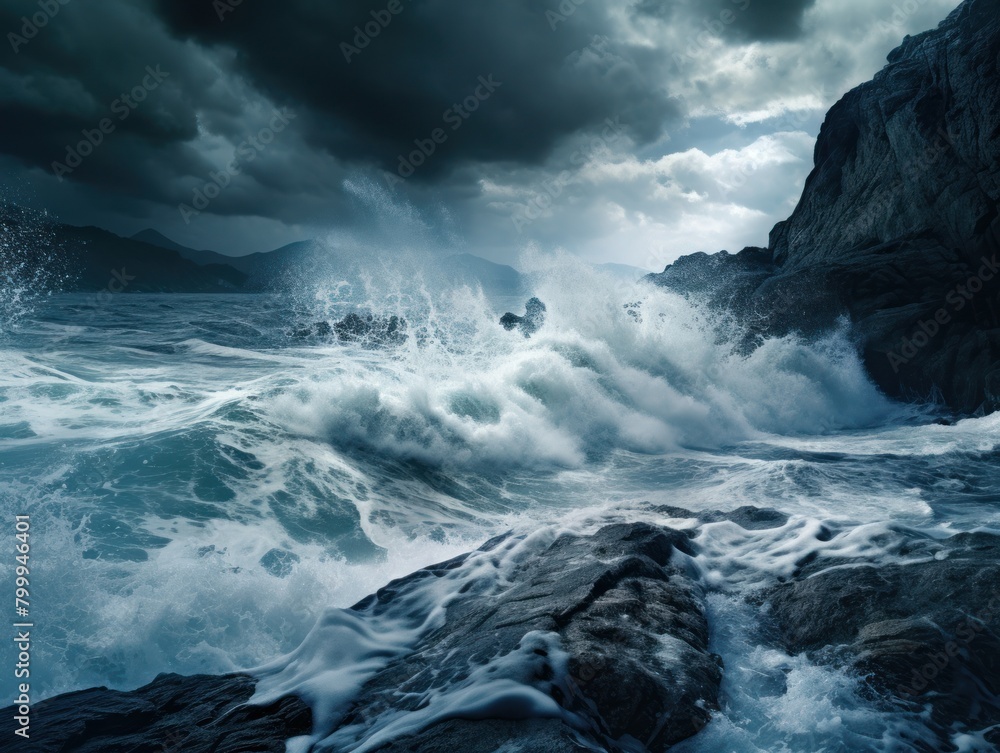 Powerful Stormy Ocean Waves Crashing Against Rugged Cliffs