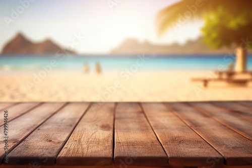 A photo of an empty wooden table with a tiki beach bar blurred background Generative AI