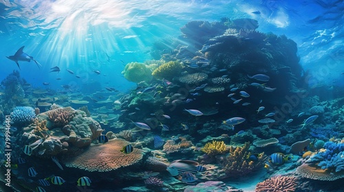 Underwater landscape with many small coral and underwater plant ,Generative ai,