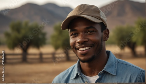 african guy smiling looking at camera portrait with outdoor ranch farm background from Generative AI