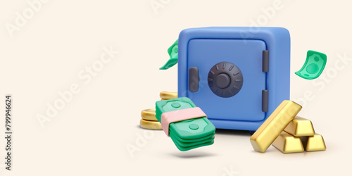 Save money concept banner in realistic style with safe, dollars, gold bars, coins. Vector illustration