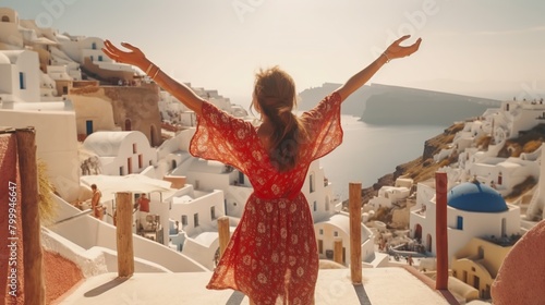 Europe travel vacation fun summer woman dancing in freedom with arms up happy in Oia Generative AI