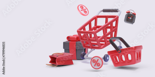Shopping concept in realistic style with cart, shopping bag, gift, alarm, basket, discount. Vector illustration