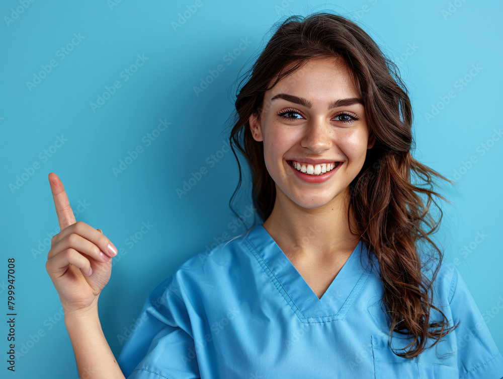 Confident Healthcare Worker Pointing Upwards Confident Healthcare Worker Pointing Upwards