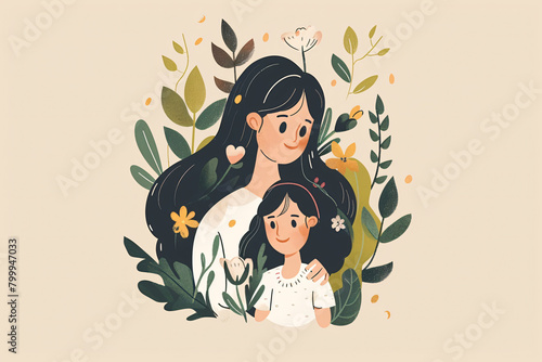 Mommy and daughter hugging illustration. Mother and kids painted background. Flowers around decor. Mother's day background.