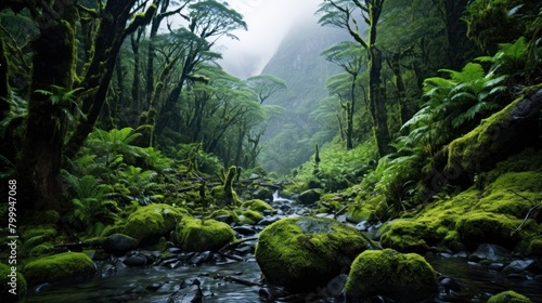 Lush Rainforest Landscape with Flowing Stream