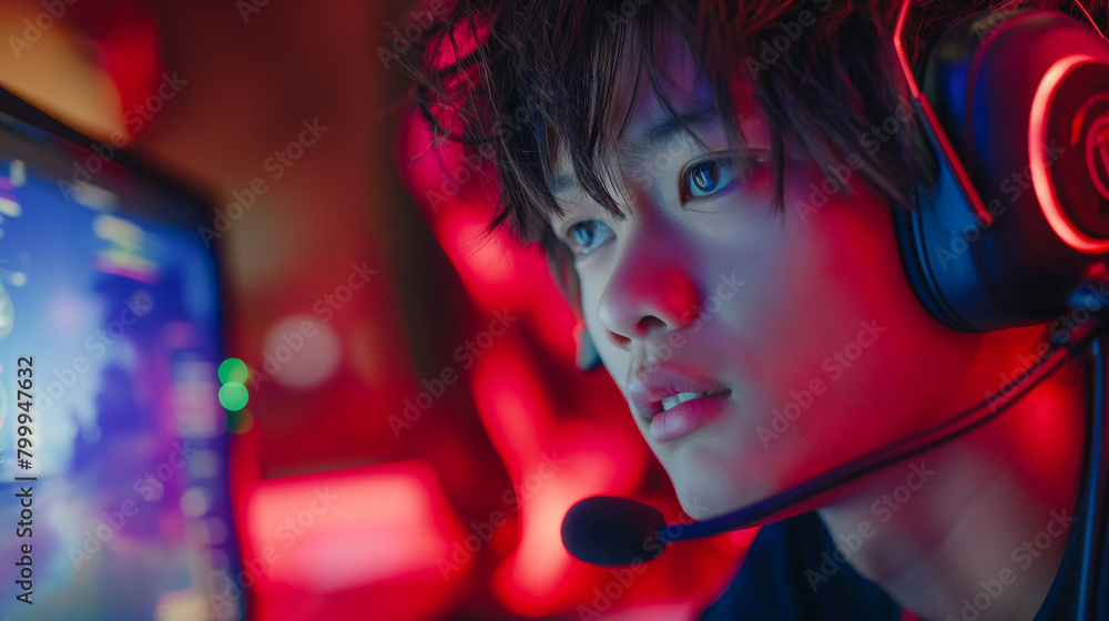 professional young gamer and streaming look at monitor during play shooting game wearing headset in e-sport competition tournament online internet video game computer professional young gamer and streaming look at monitor during play shooting game wearing headset in e-sport competition tournament online internet video game computer