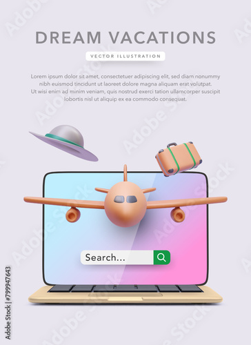 Concept poster for vacation online service in realistic style with suitcase, hat, airplane, laptop. Vector illustration