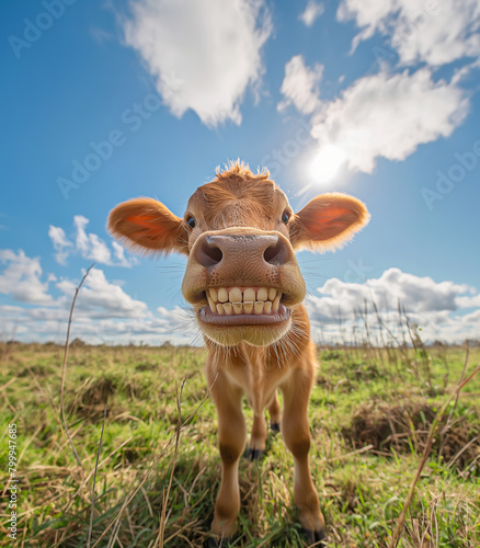 Cute and funny happy cow smile on a summer meadow with copy space on blue sky