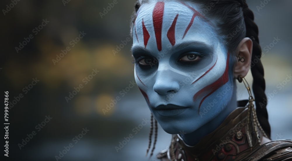 Mysterious blue-faced warrior with tribal markings Mysterious blue-faced warrior with tribal markings