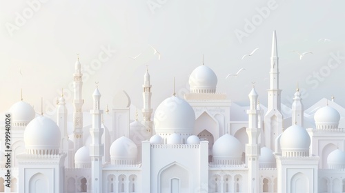 An ethereal image of numerous elegant white Islamic architectural structures under a soft sky.