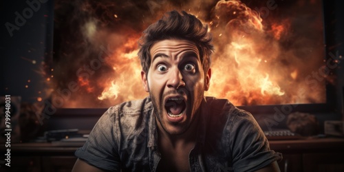 Shocked man with dramatic expression in front of explosion