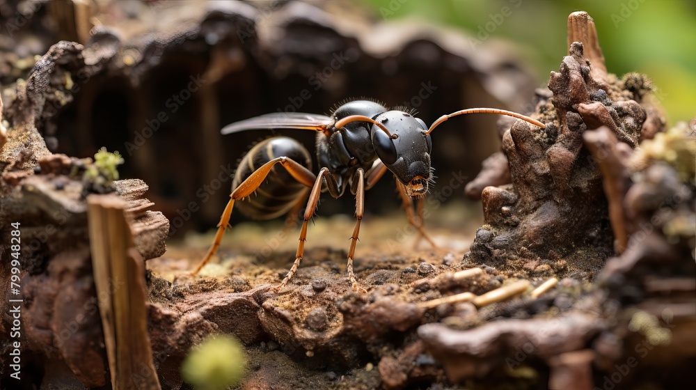 A black and yellow wasp on a piece of wood. A black and yellow wasp on a piece of wood.