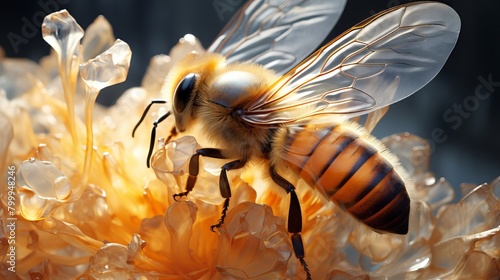 A bee pollinating a flower in extreme detail