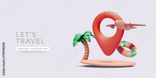 Tour concept poster in realistic style with pin, palm tree, airplane, lifebuoy. Vector illustration
