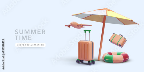 Summer concept poster in realistic style with suitcase, airplane, lifebuoy, umbrella. Vector illustration