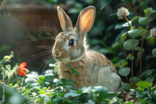 A contented rabbit munching on fresh  leafy greens in a sunlit corner of its hutch.