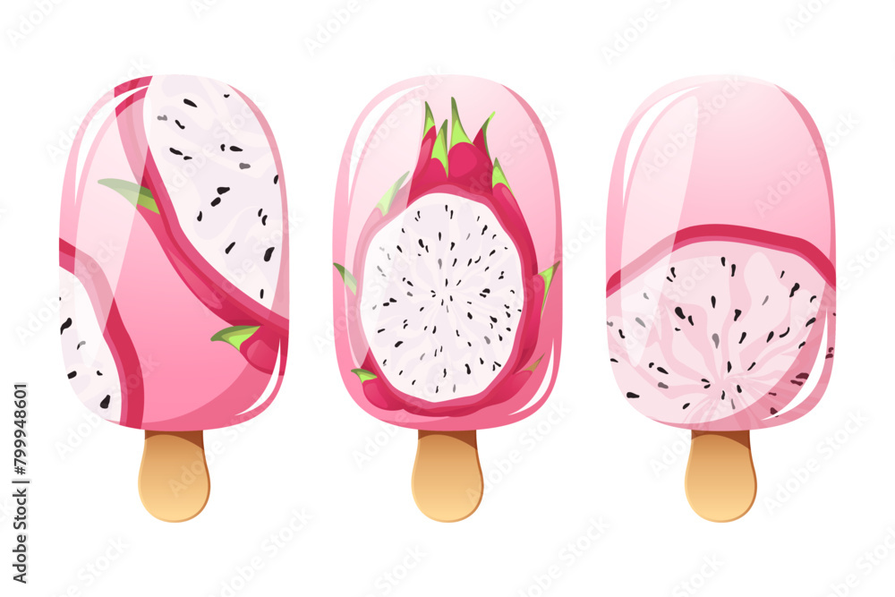 Dragon fruit ice cream, fruit popsicle on a wooden stick with pitahaya pieces. Summer cold dessert, frozen juice, fruit ice. Vector illustration.