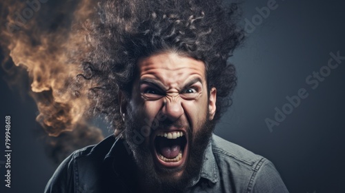 Angry man with curly hair shouting