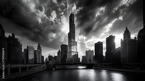 city skyline skyscraper in black and white tone