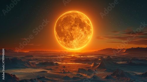 Surreal landscape with oversized moon over desert