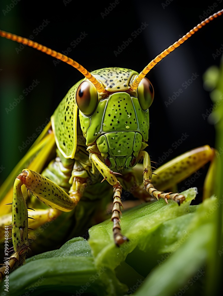 Fototapeta premium A green and yellow katydid sits on a leaf, looking at the camera.