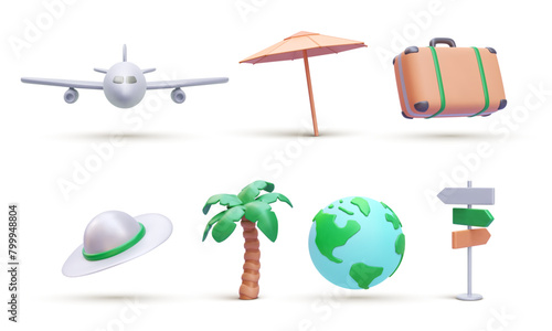 Set of decorative travel elements in realistic style. Suitcase, umbrella, hat, palm, airplane, planet, road sign isolated on white background. Vector illustration