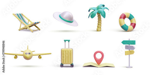 Set of decorative tout elements in realistic style. Suitcase, map, lifebuoy, hat, palm, airplane, chair, road sign isolated on white background. Vector illustration