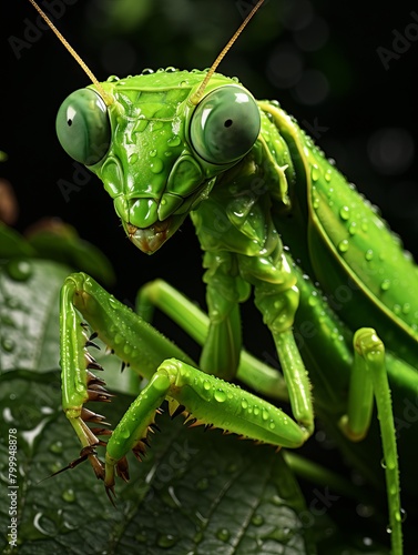 A green praying mantis with water droplets on its body is perched on a leaf.