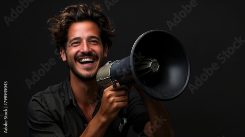 Cheerful young man with tousled hair smiling while holding a megaphone, against a dark background. photo