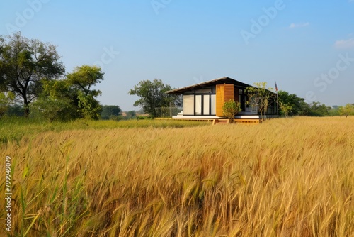 Envision a peaceful retreat amidst the endless expanse of a wheat field, where you can escape the hustle and bustle of everyday life, Generative AI
