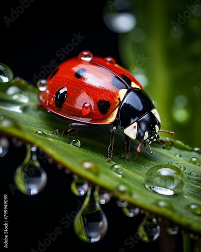A ladybug sits on a blade of grass. Raindrops cling to the ladybug's back and to the grass.