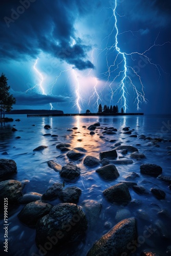 Dramatic lightning storm over a serene lake