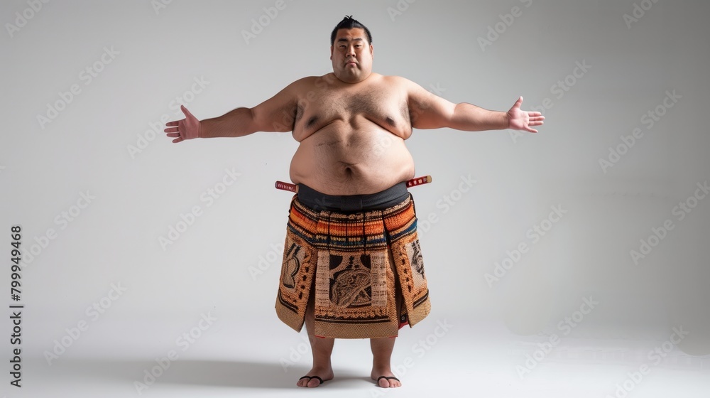 Confident, plus-sized Asian male sumo wrestler in traditional attire ...