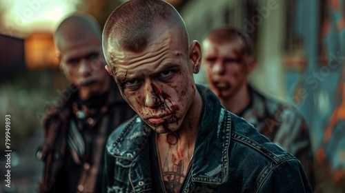 An intense scene featuring three menacing, bald individuals with dramatic facial scars and blood.
