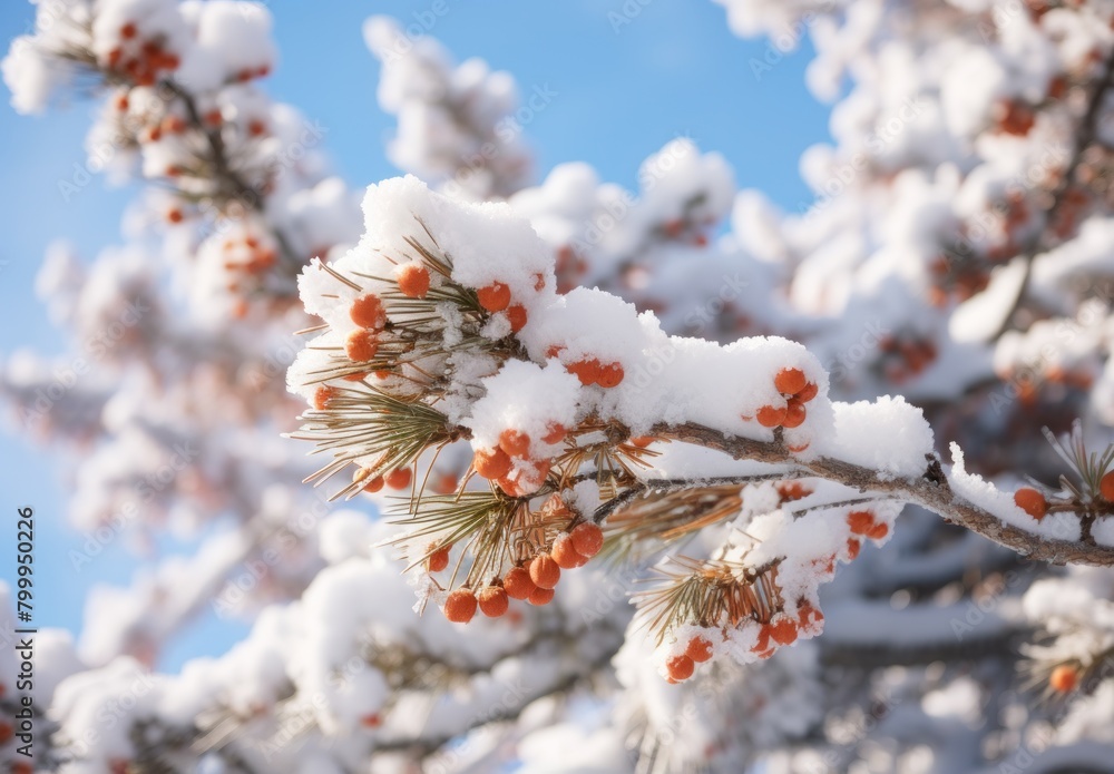 Snowy pine branch with red berries Snowy pine branch with red berries