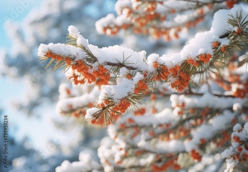 Snowy pine branches with orange berries