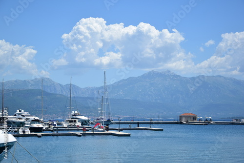 Portonovi Montenegro - luxurious seaside resort on the coast of Boka Kotor Bay, in Kumbor, near Herceg Novi. Aerial view with luxury yachts photo