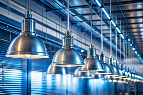 Leading Lines of Vibrant Hanging Lights Above Work Area on Futuristic Silver and Blue Workspace
