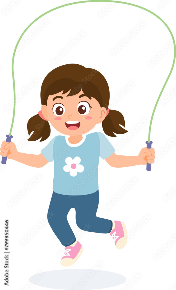 Little girl playing jumping rope or skipping rope. Cute kids doing outdoor activity. Sport and recreation for exercise in children concept. Flat style. Little girl playing jumping rope or skipping rope. Cute kids doing outdoor activity. Sport and recreation for exercise in children concept. Flat style.