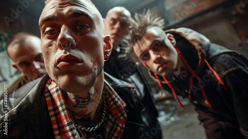 Group of four punk men with intense expressions in a dimly lit urban setting, featuring tattoos and piercings.