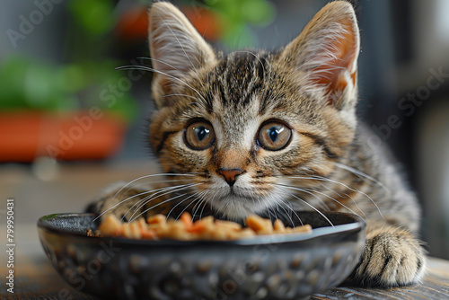 A curious kitten sniffing at a bowl of tender chicken and rice kitten kibble.