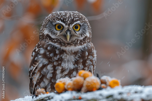 A curious owl perched on a branch, its keen eyes fixed on a dish of mice and insects laid out for dinner.