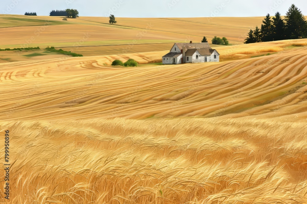 Obraz premium Picture a lone farmhouse nestled in the heart of a sprawling wheat field, surrounded by rows of golden stalks swaying in the breeze, Generative AI
