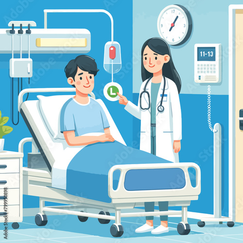 illustration of a hospital patient in a bed calling for a doctor