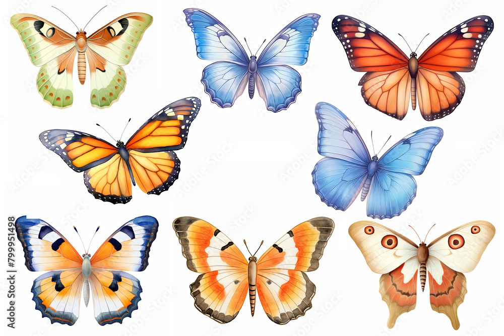 A watercolor painting of various species of butterflies.