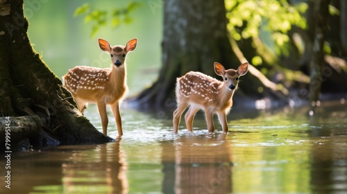 Adorable baby deer standing in a forest stream