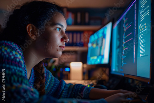 Highlighting a woman's portrait as she intensely focuses on coding, the image conveys a tech-savvy and dedicated professional programmer in her element photo